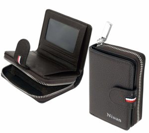 NISUN Imported 9 Slot PU Leather Debit/ATM/Credit Card Holder Zipper Wallet for Men & Women - Dark Brown (Size 11.5 cm x 9 cm x 3 cm)