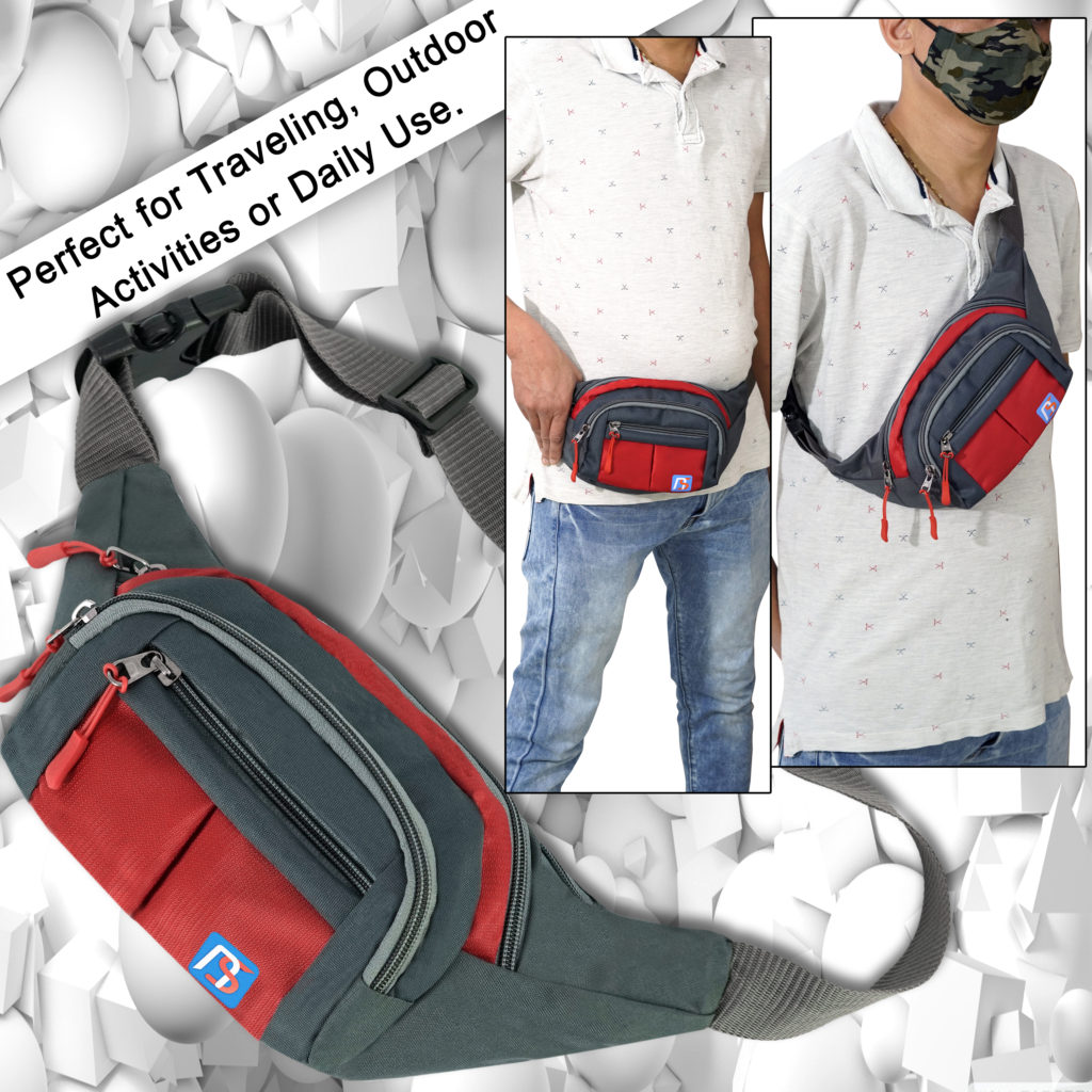 NISUN Waist Bag Fanny Pack Travel Handy Hiking Zip Pouch Money Phone Belt Bum Bag with Adjustable Strap for Men and Women Red Grey Nisun