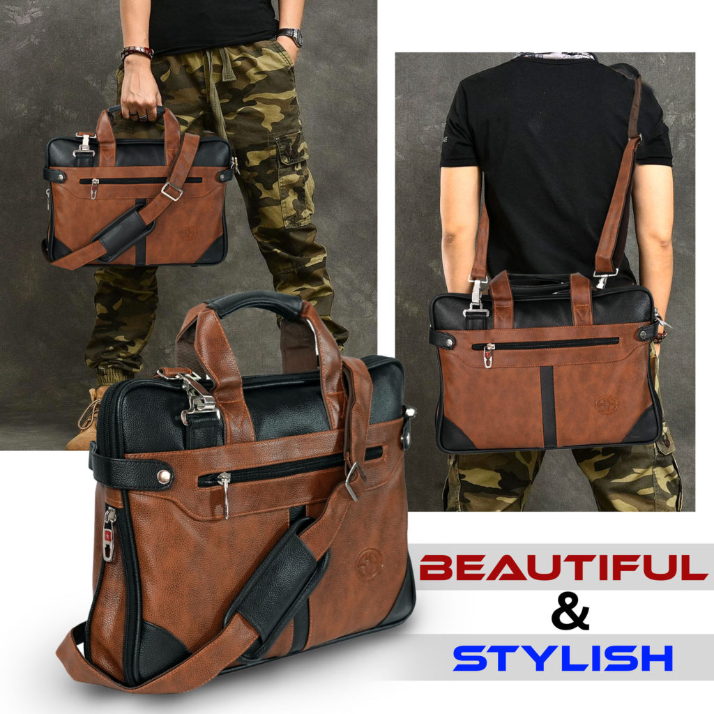 Nisun PU Leather 14 inch Laptop Shoulder Messenger Sling Office Bag for Men  & Women – (40 x 29 x 6 cm, Black/Brown) – Nisun
